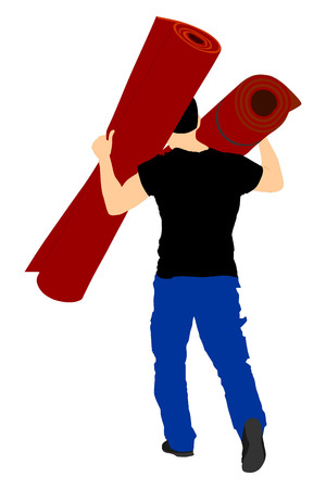 Man carrying rolled carpet by moving vector illustration isolated on white background.のイラスト素材