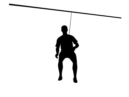 Extreme sportsman took down with rope. Man climbing vector silhouette illustration, isolated on the white background. Sport weekand action in adventure park rope ladder. Ropeway for fun, team buildingのイラスト素材