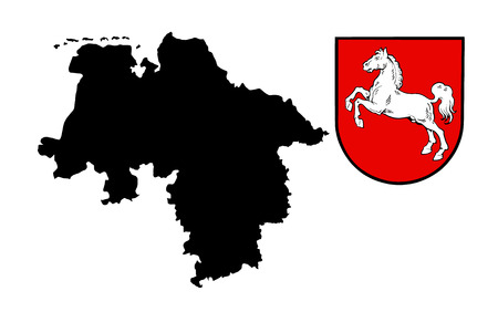 High detailed vector map - Niedersachsen, Lower Saxony map, high detailed black silhouette illustration isolated on white background. Province in Germany. Niedersachsen coat of arms.のイラスト素材