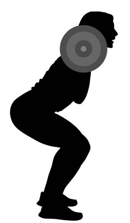 Sport bodybuilding. Young woman with barbell flexing muscles and making shoulder press squat in gym vector silhouette. Weightlifter, bodybuilder training. Personal trainer workout. Fit lady exercise.のイラスト素材