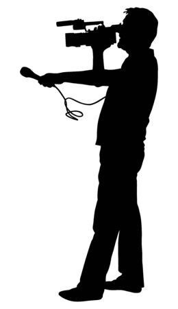 Cameraman journalist reporter with microphone made interview vector silhouette illustration. Video camera on sport event, concert, isolated on background. Breaking news in studio, broadcast live.のイラスト素材