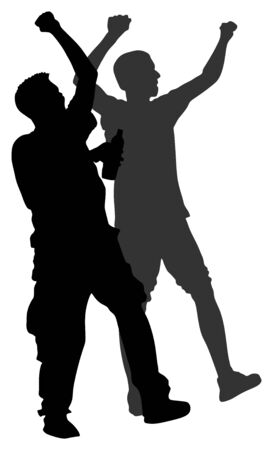 Drunk boys after party with bottle of wine. Drinking young man isolated over white background. After party celebration with alcohol. Sport fans after game singing and drinking. Bad behavior in public.のイラスト素材