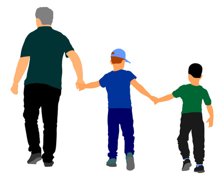 Grandfather and grandsons hold hands and walking. Grandfather Carrying Grandson vector illustration. Fathers day.のイラスト素材