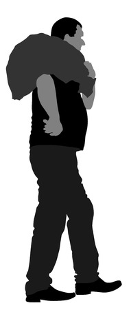 A man carries a sack vector illustration. Toiler worker. Bag on shoulder worker on farm.のイラスト素材