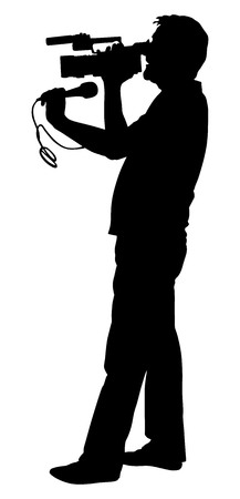 Cameraman reporter with microphone made interview vector silhouette illustration.Cameraman with video camera on event, concert, sport event, isolated on background. Breaking news in studio. Broadcast live. Journalist News Reporter Interview.のイラスト素材