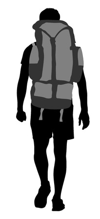 Tourist with backpack vector silhouette illustration isolated on white background. Male hipster student, passenger walking. Camping man traveling.のイラスト素材