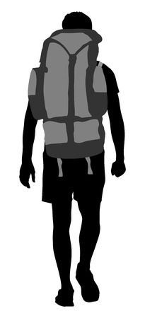 Tourist with backpack  silhouette illustration isolated on white background. Male hipster passenger walking. Camping man traveling. Climber  silhouette.のイラスト素材