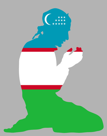 Islamic religion. Pose of muslim man praying vector silhouette illustration isolated on background Muslim from Uzbekistan national flag symbol theme. Loyal muslim migrant citizen in Europe country.のイラスト素材