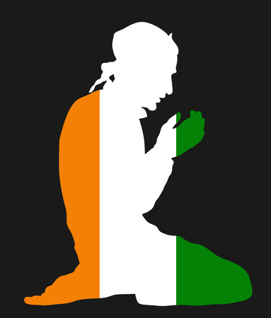 Islamic religion. Pose of Muslim man praying vector silhouette illustration isolated on background Muslim from Ivory Coast national flag symbol theme. Loyal Muslim migrant citizen in  Europe.のイラスト素材
