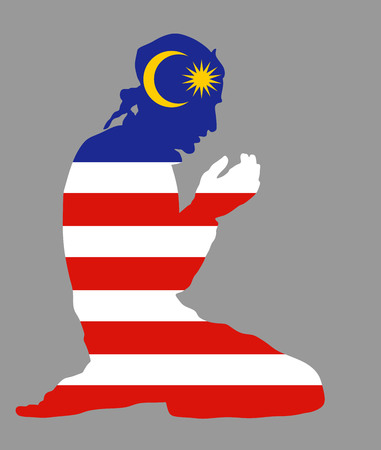 Islamic religion. Pose of Muslim man praying vector silhouette illustration isolated on background Muslim from Malaysia national flag symbol theme. Loyal Muslim migrant citizen in  Europe.のイラスト素材