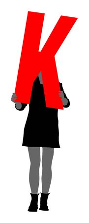 Handsome woman holding the letter K, vector silhouette illustration. Editable colors. Words making letter by letter. Learning alphabet, back to the school. Teacher carry class. Marketing commercial.のイラスト素材
