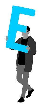 Handsome man holding the letter E, vector silhouette illustration. Editable colors. Words making letter by letter. Learning alphabet, back to the school. Teacher carry class. Marketing commercial boy.のイラスト素材
