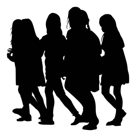 Kids going to school together vector silhouette illustration. Back to School. Happy girls. School kids excursion vector. Children crowds. Children in big group. Friends cross the street. Friendshipのイラスト素材