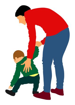 Mother teaching baby to walk, vector illustration isolated on white background. First steps learning in life. Mom helping baby. Babysitter care, Kindergarten teacher nanny working with kid.のイラスト素材