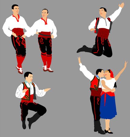 Balkan Dancers vector illustration isolated on background. Folk dance in Europe. Folklore artist in traditional dress. Wedding couple dance kolo. Happy people entertainment. East coulture.のイラスト素材