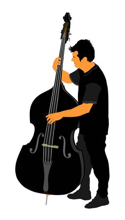 Man on street vector illustration playing contra-bass. Music man standing on the concert event. Contra bass artist. Classic music instrument event. Music street performer.のイラスト素材