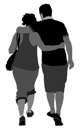 Happy couple walking, vector silhouette isolated on white background. Cartoon illustration.のイラスト素材