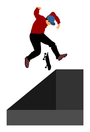 Extreme sport game, skateboarder in skate park, air jump trick. Skateboard vector illustration isolated on white background. Outdoor urban danger action. Skate park sport recreation.のイラスト素材