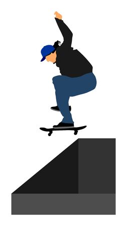 Extreme sport game, skateboarder in skate park, air jump trick. Skateboard vector illustration isolated on white background. Outdoor urban danger action. Skate park sport recreation.のイラスト素材