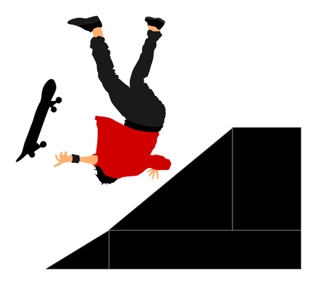 Skater falls on the street. Injured athletes accident. Extreme sportsman in skate park jump trick. Skateboarder vector illustration isolated on white background. Outdoor urban action.のイラスト素材