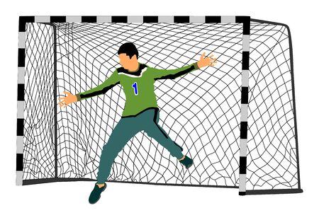 Soccer goalkeeper vector. Handball goalkeeper. Football  Goalkeeper icon and net isolated on white background. Defender sportsman position. Save penalty.のイラスト素材