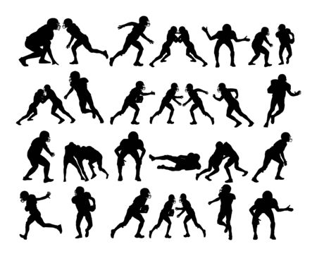 American football players in action vector silhouette on white. big collection Sportsman in full equipment on court. Rugby sportsman battle for ball. Super ball. popular sport super star. Collage sportのイラスト素材
