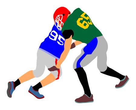 American football players in action, vector isolated on white. Sportsman in full equipment on court. Rugby sport man, battle for ball. Collage sport. Team work.のイラスト素材