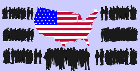 Green card application. Vector silhouette of a group of refugees, migration crisis in Middle East and Africa. War migration waves. United states of America vector map and new residents, citizens mass.のイラスト素材