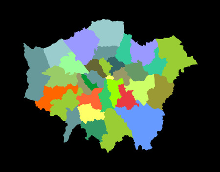Greater London vector silhouette map isolated on black background. London map of main town in United Kingdom and in England country.のイラスト素材