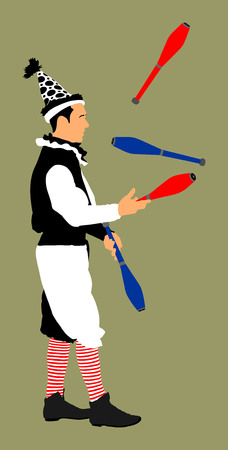 Juggler artist vector, Juggling with colorful pins. Clown in circus perform.のイラスト素材