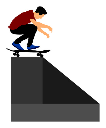 Extreme sport game, skateboarder in skate park, air jump trick. Skateboard vector illustration isolated on white background. Outdoor urban action.のイラスト素材