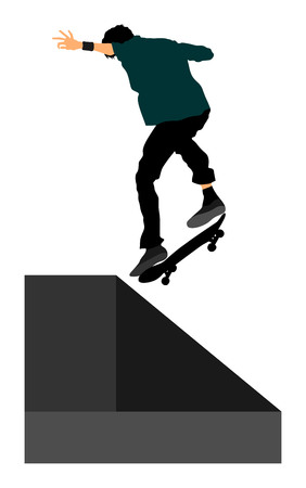 Extreme sport game, skateboarder in skate park, air jump trick. Skateboard vector illustration isolated on white background. Outdoor urban action.のイラスト素材