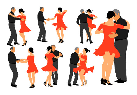 Elegant latino dancers couple vector illustration isolated on white background. Group of mature tango dancing people in ballroom night event.のイラスト素材