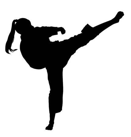 Karate woman fighter, vector silhouette. Judo fighter lady battle. Japan traditional martial art. Self defense presentation. In healthy body healthy mind.のイラスト素材