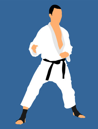 Karate man fighter vector. Japan traditional martial art. Boy self defense presentation. In healthy body healthy mind. Protect yourself against aggressor. Sport  disciplineのイラスト素材