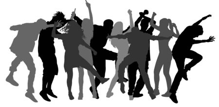 Party dancer people, boys vector silhouette illustration. Nightlife party with crew dancing. Disco club event. Bachelor party.  Birthday celebration. Teenagers in good mood. Fun and entertainment.のイラスト素材