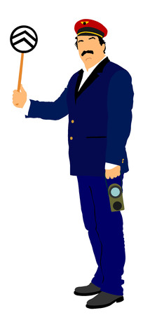 Railroader in uniform vector. Railway man on duty. Platform controller at a steam railway.のイラスト素材
