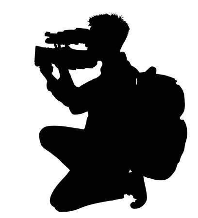 Cameraman vector silhouette with video camera and backpack on event, concert, sport event, isolated on background. Vector illustration. Breaking news in studio. Broadcast live.のイラスト素材