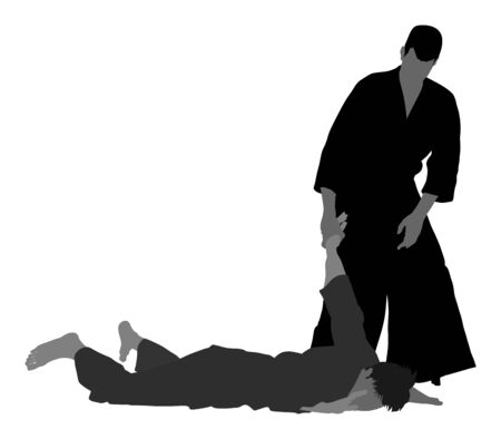 Fight between two aikido fighters vector symbol illustration. Sparring on training action. Self defense, defence art excercising concept. Karate and aikido fighters. Traditional warriors skills.のイラスト素材