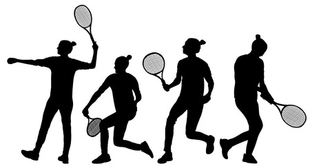 Woman tennis players vector silhouette isolated on white background. Set of sport tennis shadows isolated. Editable different recreation pose. Girl play tennis.のイラスト素材