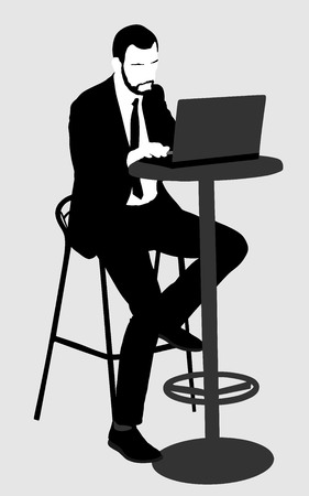 Young urban professional man working on laptop in city restaurant or office. Employee looking at computer monitor during working day. Officer in a suit sitting and analyzies finance.のイラスト素材