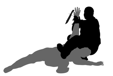 Self defense battle vector silhouette illustration. Man fighting against aggressor with knife. Krav maga demonstration in real situation. Combat for life against terrorist. Army skill in action.のイラスト素材