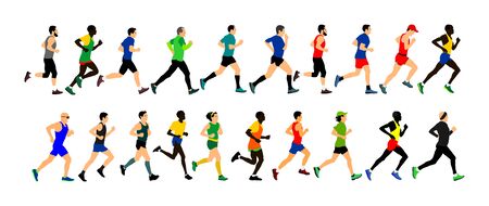 Group of marathon racers running. Marathon people vector illustration. Healthy lifestyle women and...