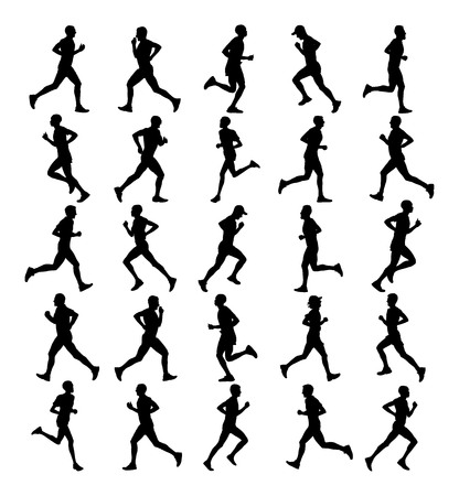 Group silhouettes of marathon racers running. Marathon people vector illustration. Healthy lifestyle women and man. Traditional sport race.  Urban runners on the street. Team building concept.のイラスト素材