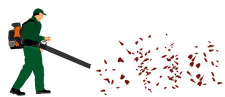 Landscaper operating petrol Leaf Blower in the city park, vector illustration. Worker on a street in autumn collects leaves with a leaf blower.のイラスト素材