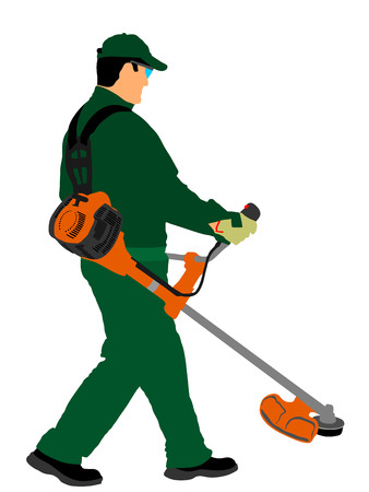 Grass trimmer worker vector illustration. Garden work. Grass Cutting Lawn Trimmer.のイラスト素材