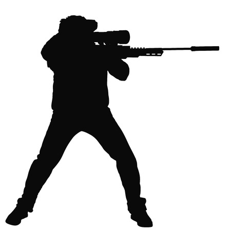 Silhouette of a sniper vector silhouette illustration. Soldier with rifle with optic. Paintball player. Recreation with adrenaline in urban environment.のイラスト素材
