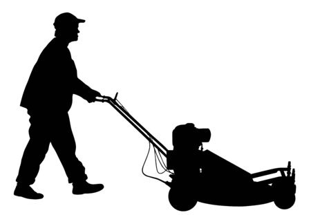 Gardener man mowing lawn mower vector silhouette. Grass trimmer cutting. Professional garden worker. Landscaper cut public field in park. Farmer with agricultural machinery. beautification of yard.のイラスト素材