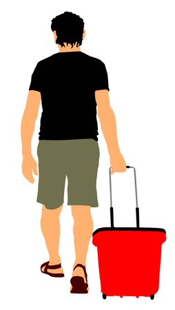 Man doing everyday grocery shopping with shopping basket at supermarket, vector illustration isolated on white. Boy usual walk after work with consumer bag buy food and another goods in market.のイラスト素材