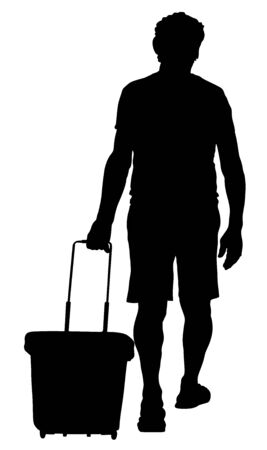 Man doing everyday grocery shopping with basket at supermarket vector silhouette isolated. Male usual walk after work with consumer bag buy food and another goods in market. Boy purchase buying.のイラスト素材